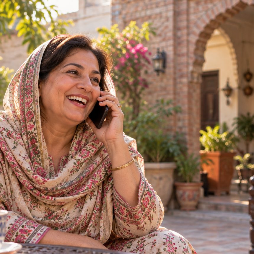 A woman in a patterned dupatta in a courtyard in Lahore, smiling as she answers her phone