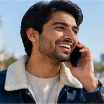 A caller in Spain smiling as they talk on the phone