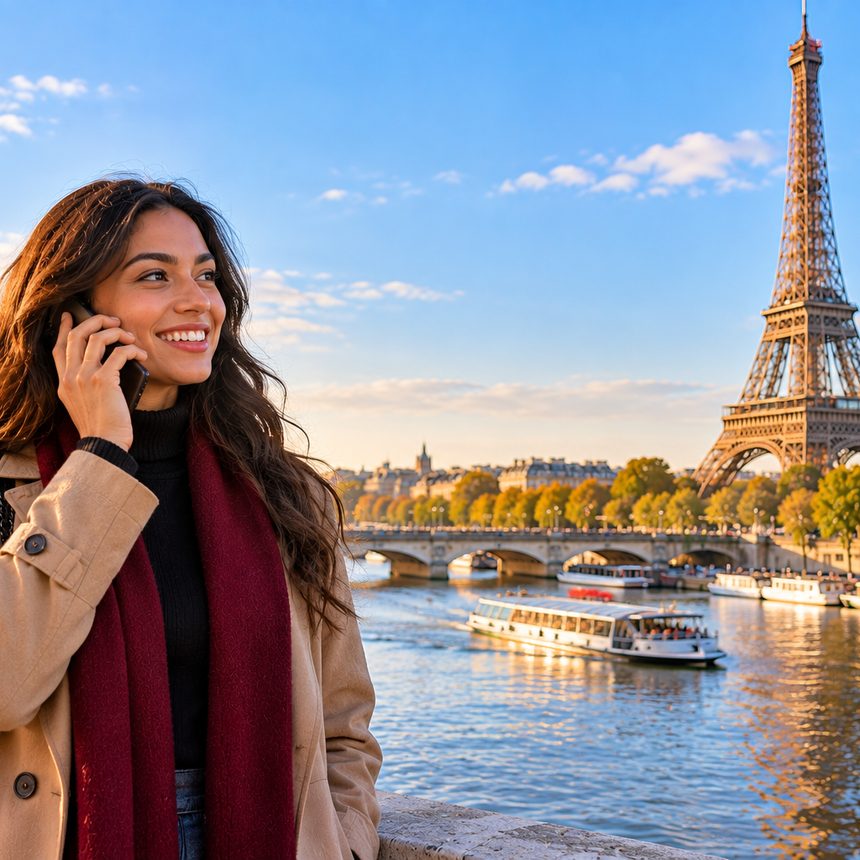 A caller in France smiling as they talk on the phone