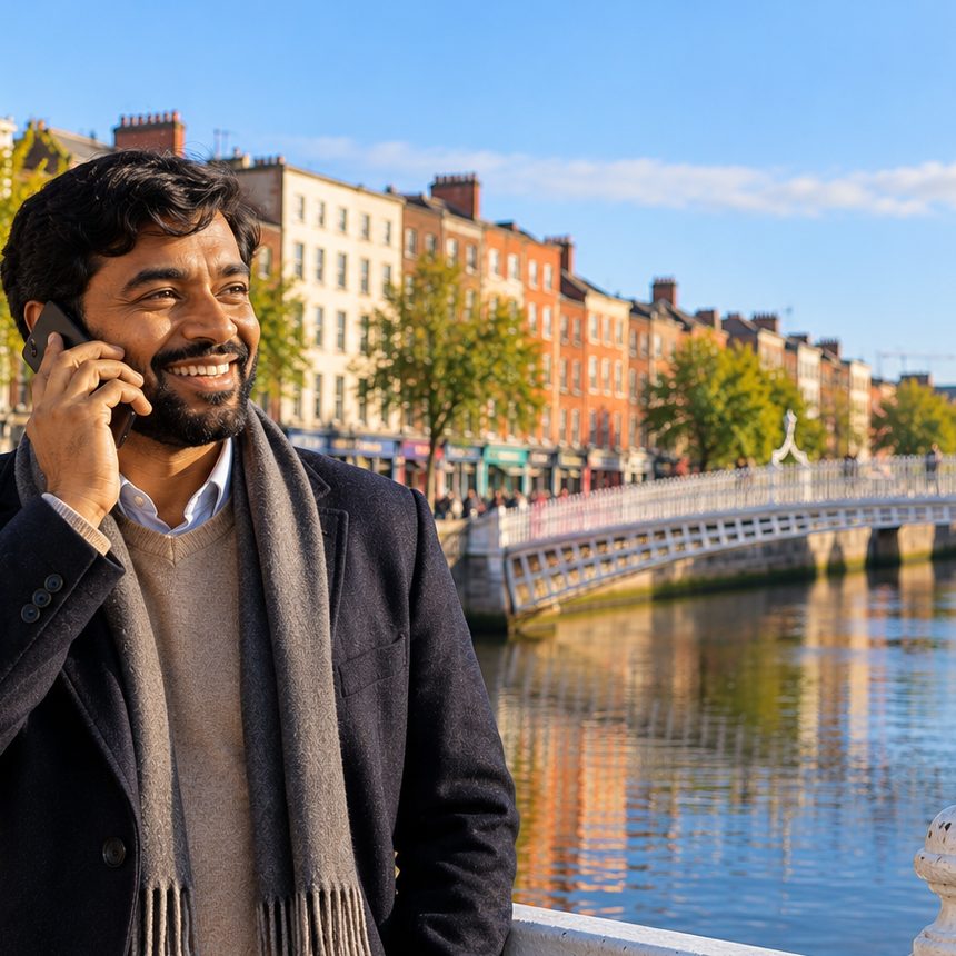 A caller in Ireland smiling as they talk on the phone
