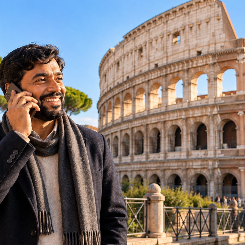 A caller in Italy smiling as they talk on the phone